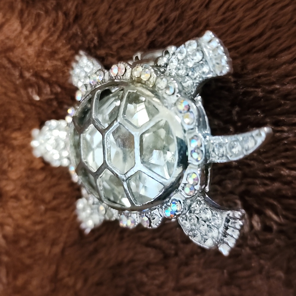Silver Crystal Turtle Adjustable Ring - image 2